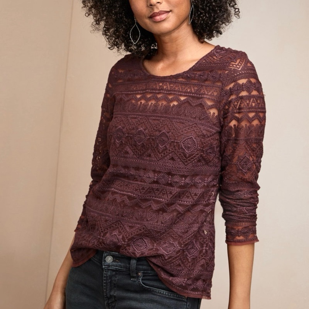 Garnet Hill Embroidered Lace Knit Top Mauve Taupe Sheer Overlay Mature Sz L